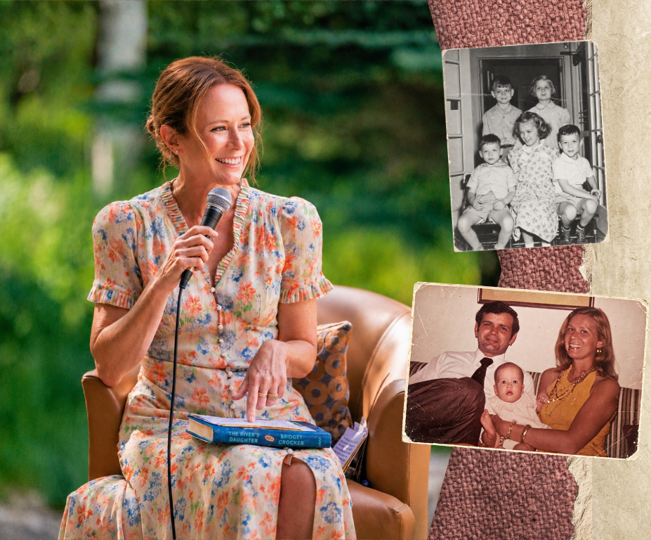 Jennifer Griffith speaking with a microphone, beside archival family photographs